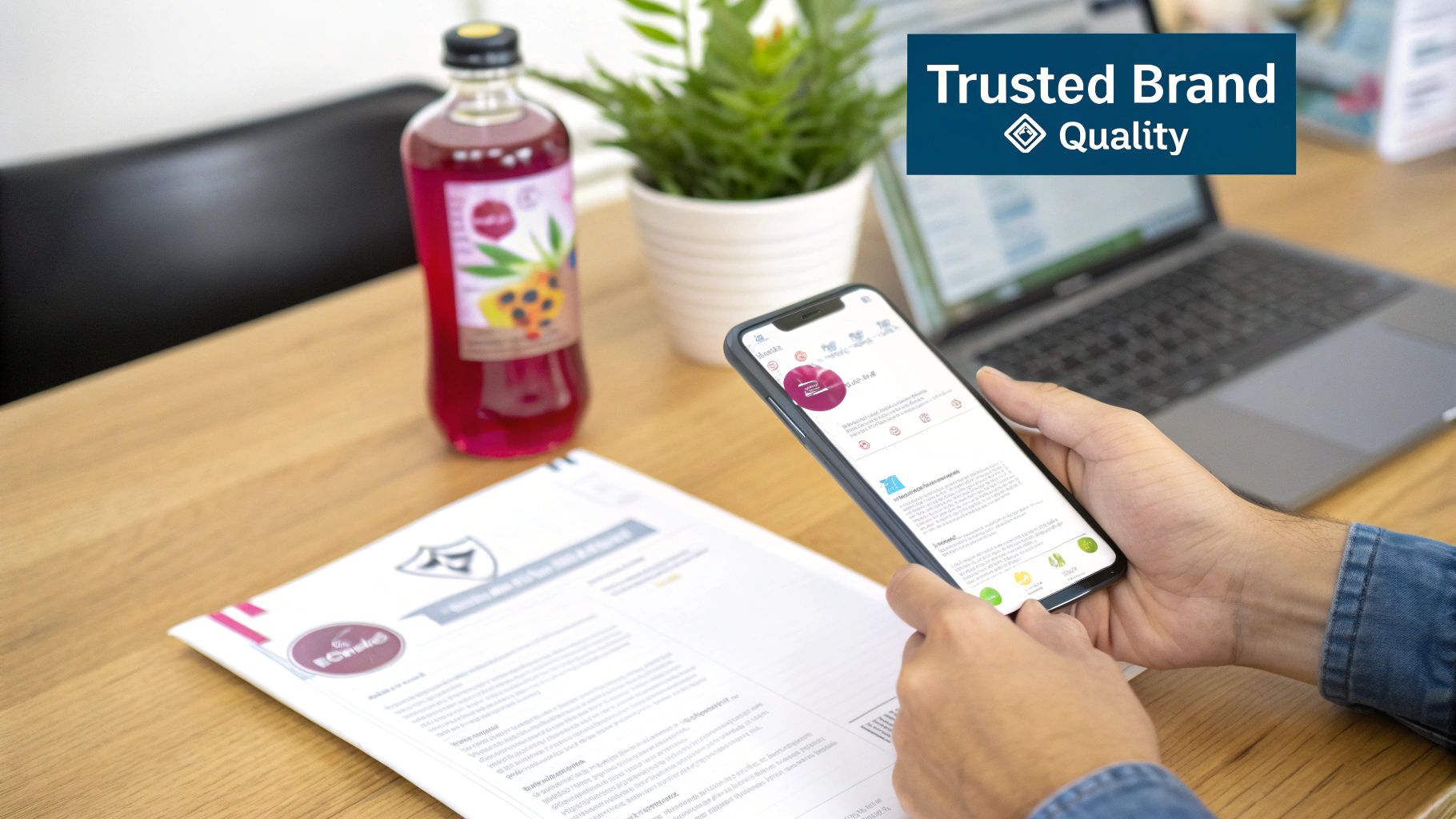 A person uses a smartphone to verify product information, with a branded drink and documents on a wooden table.