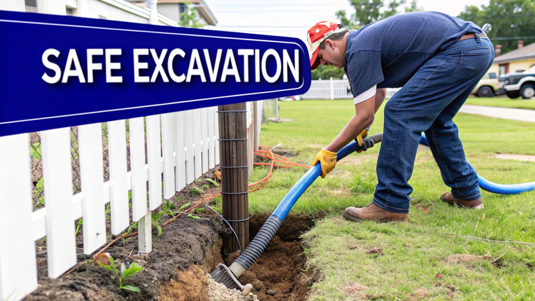 A worker in a red hat uses a blue vacuum hose for safe excavation near a white fence.