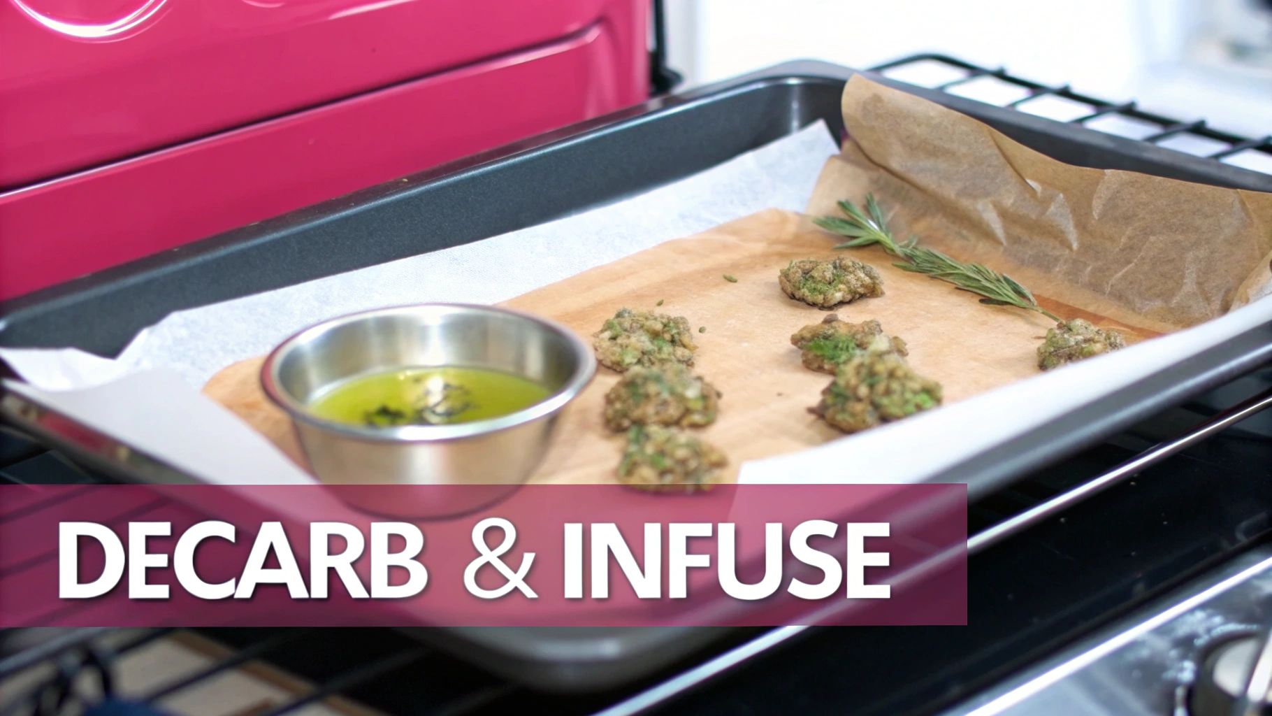 A baking tray with green plant material, rosemary, and infused oil, ready for decarboxylation and infusion.