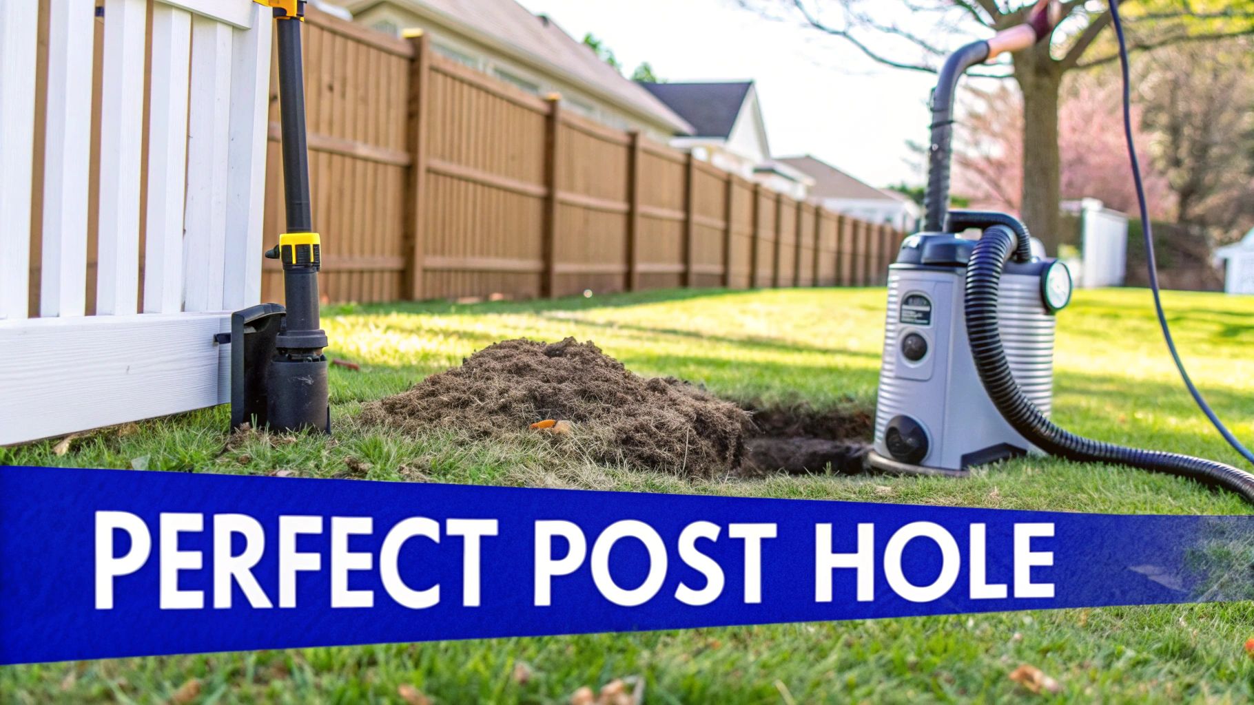A water jetting tool digs a perfect post hole next to a white fence, with a dirt pile.
