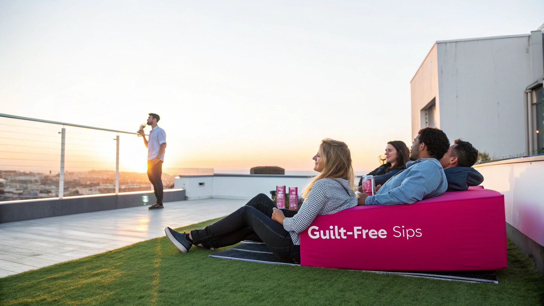 Group of friends enjoying 'Guilt-Free Sips' on a rooftop patio at sunset overlooking a city.