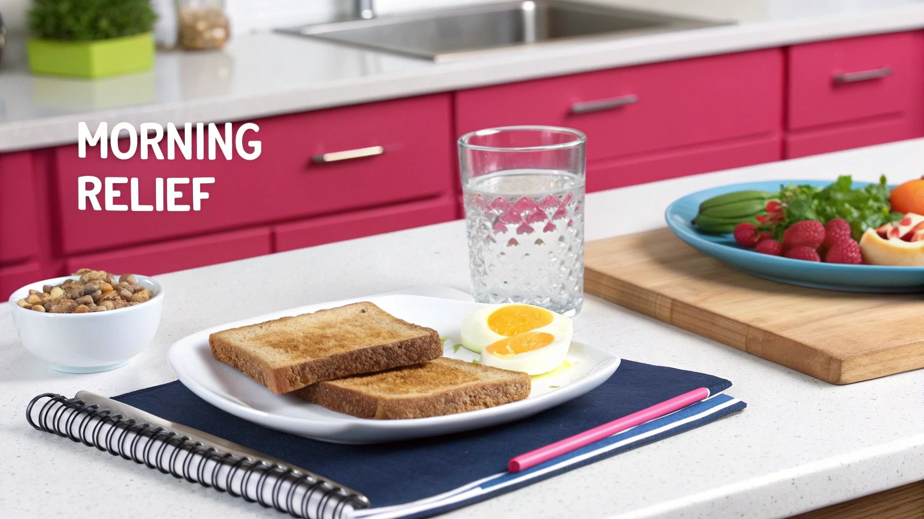 A healthy morning breakfast with toast, a hard-boiled egg, fruits, nuts, and water on a kitchen counter.