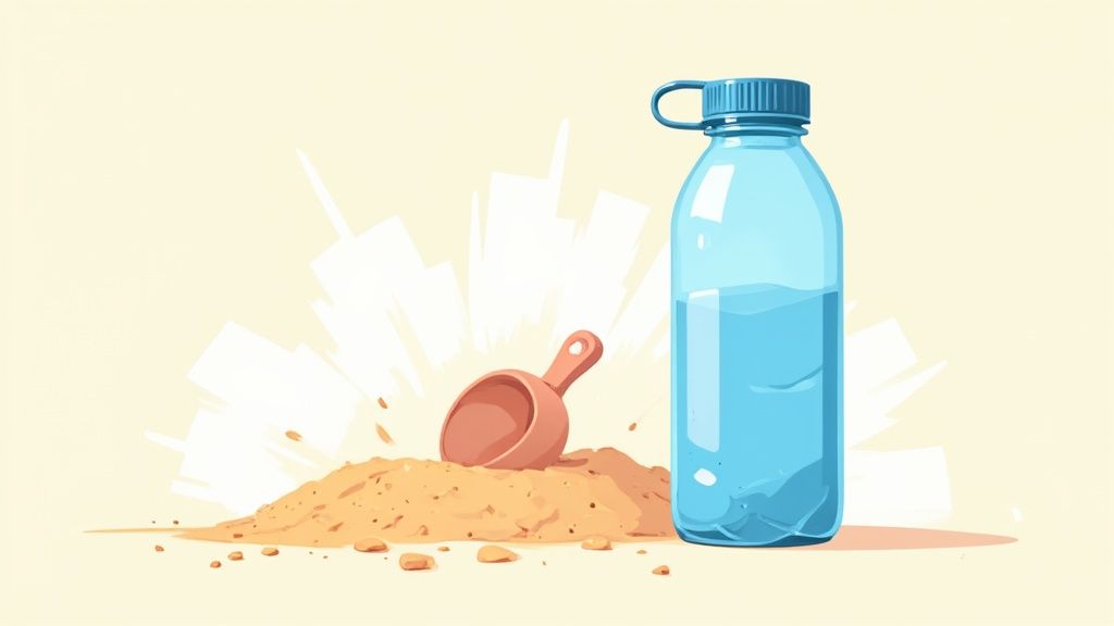 an illustration of a pile of brown powder and a water bottle