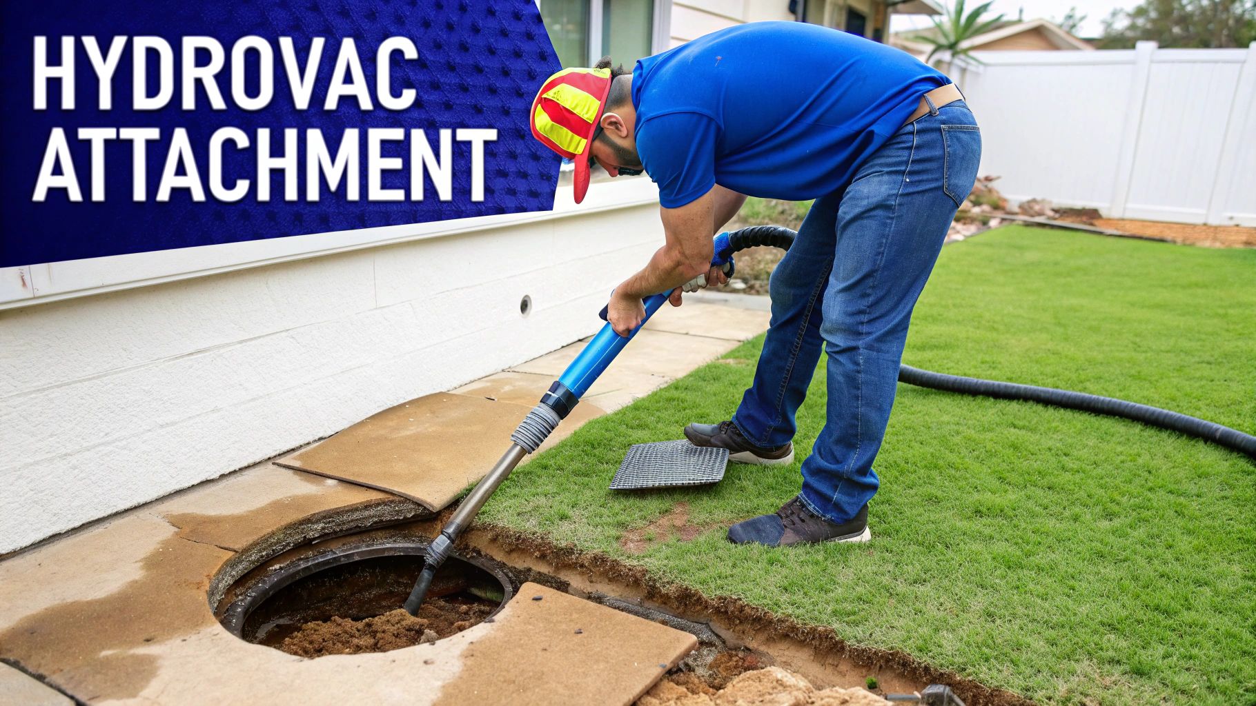 Man using a hydrovac attachment to clear soil from an underground access point in a residential yard.
