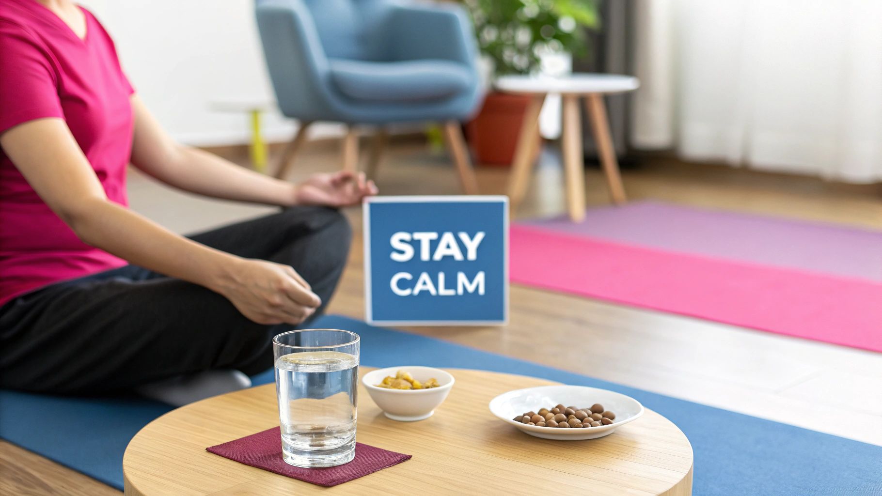 A person meditating on a blue yoga mat with a "STAY CALM" sign, water, and snacks nearby.