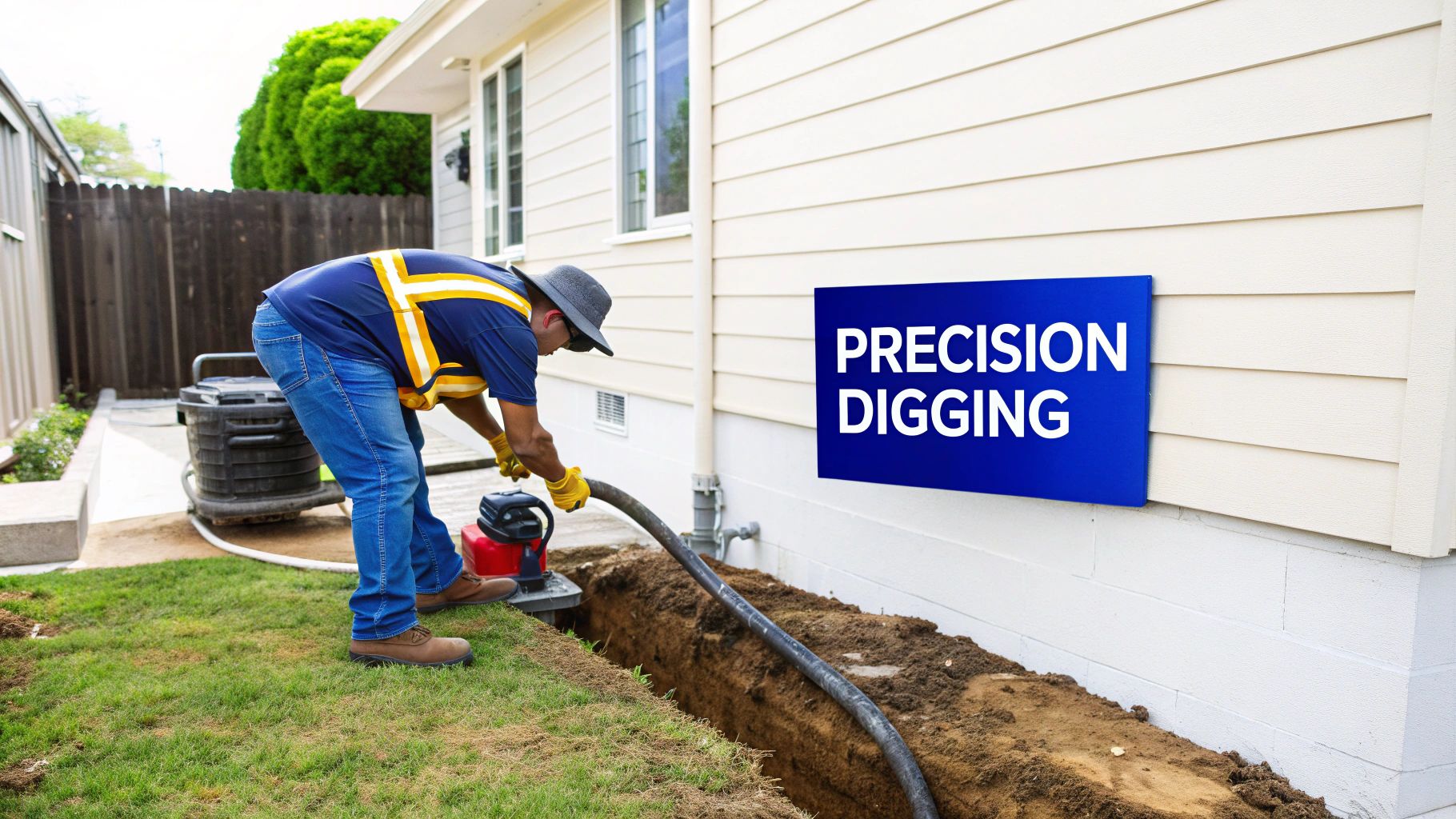 Worker uses a specialized tool, resembling a large shop vac, to precisely dig a trench next to a house.