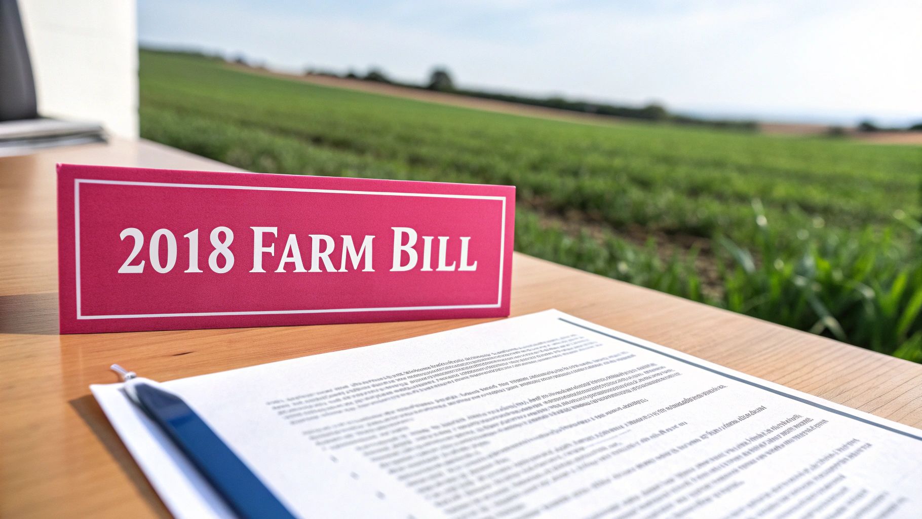 A red sign reading '2018 FARM BILL' on a wooden desk with a document and pen, against a green field.