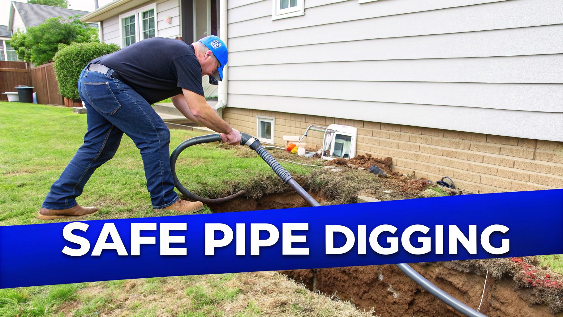 Worker performing safe pipe digging, using a vacuum hose to clear soil from an excavated trench beside a building.