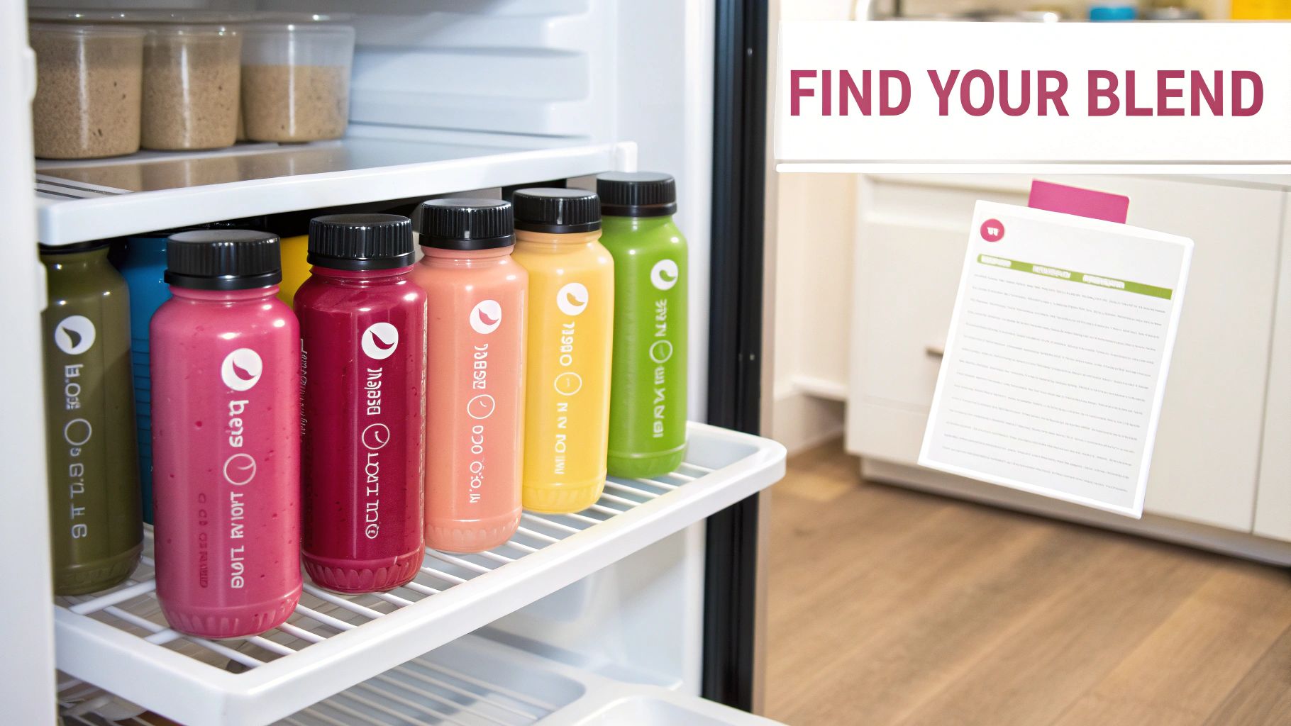 A mini-fridge filled with various colorful bottled health drinks and containers, encouraging to 'FIND YOUR BLEND'.