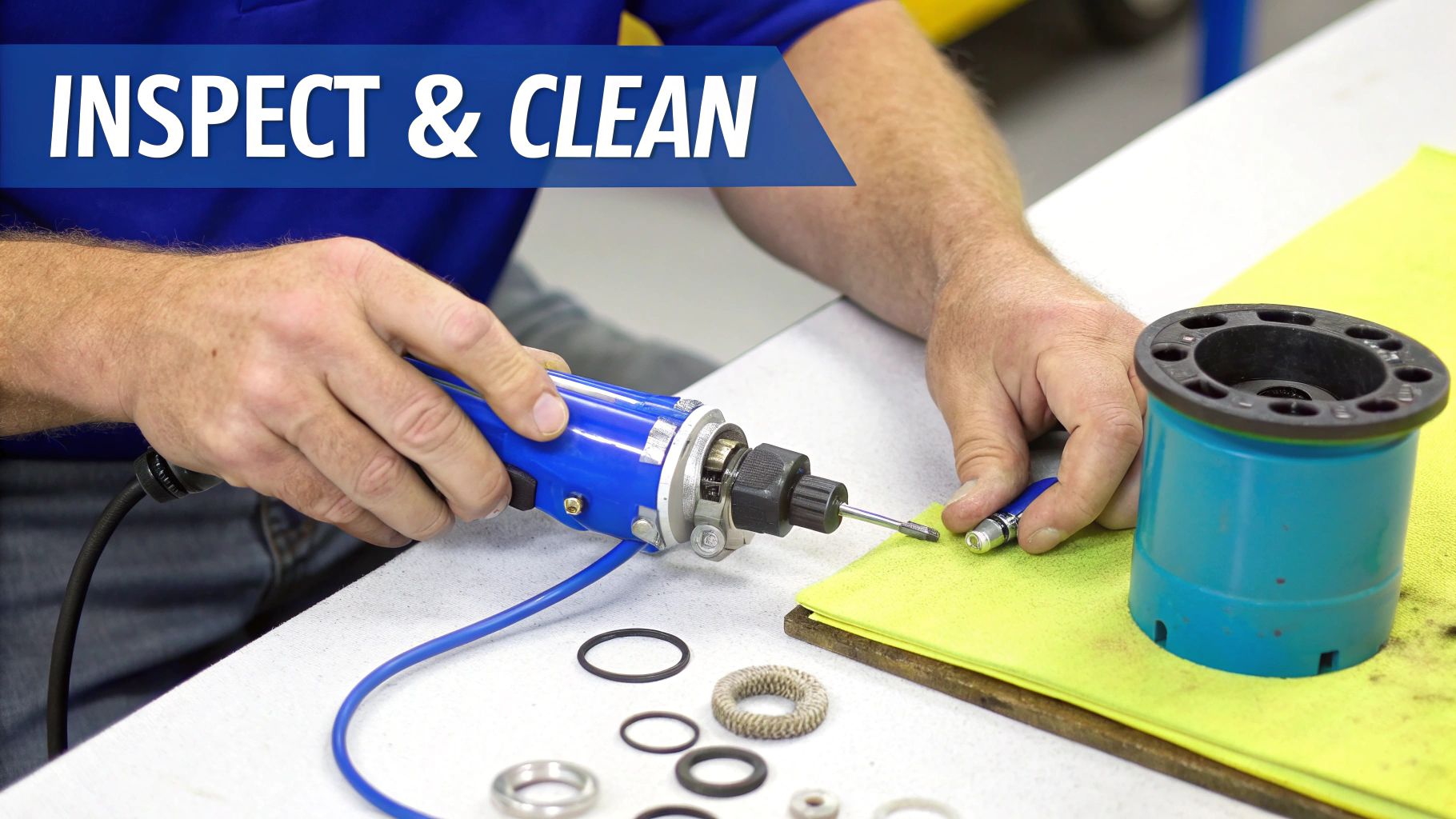Hands inspecting and cleaning various parts of a disassembled power tool on a workbench.
