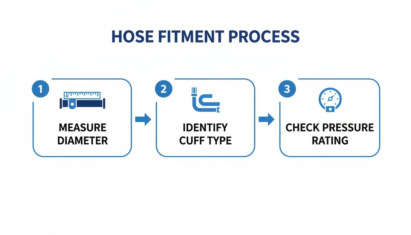Diagram illustrating the three-step hose fitment process: measure diameter, identify cuff type, and check pressure rating.
