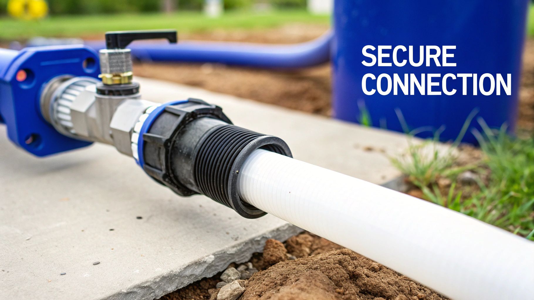 Secure connection of white PVC pipe to blue hose adapter with threaded coupling fitting
