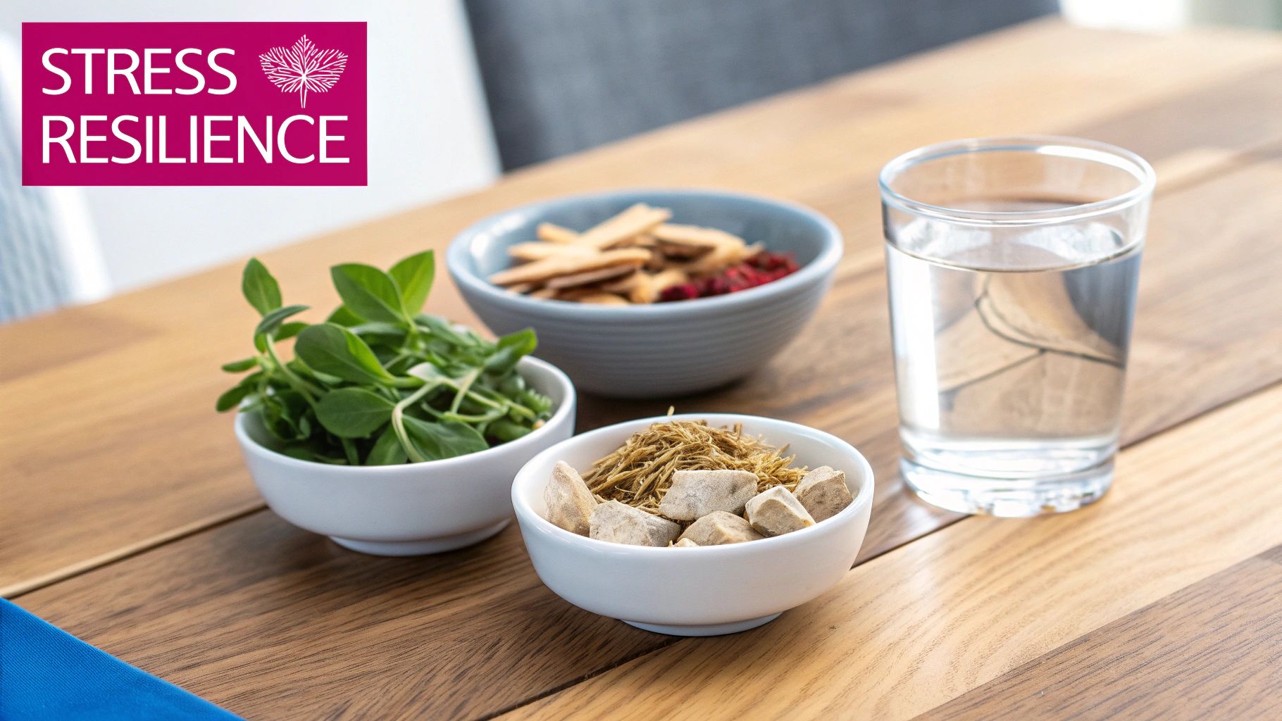 Bowls of natural adaptogenic herbs, roots, and water, promoting stress resilience.
