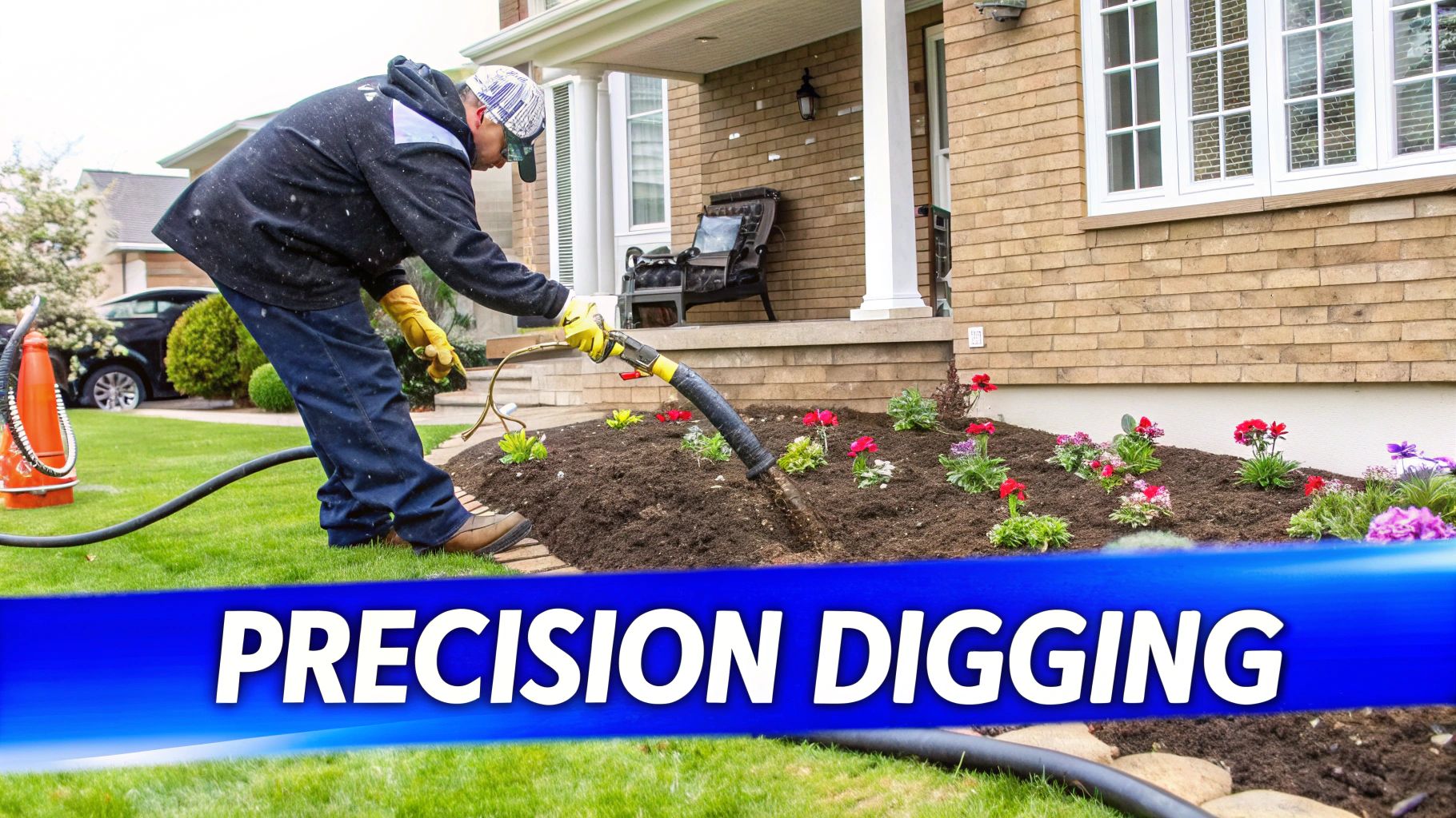 A person in work clothes uses a specialized vacuum hose for precision digging in a flower bed.