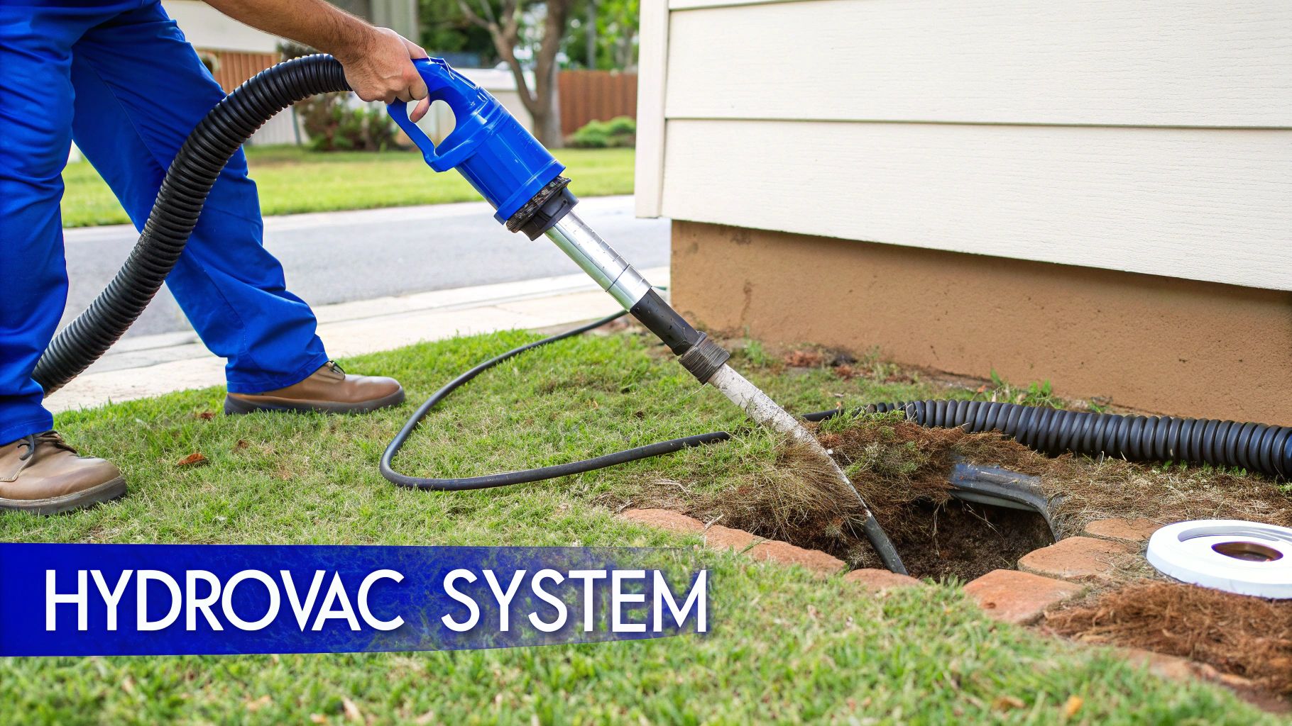 A worker in blue pants uses a blue hydrovac tool to excavate soil around a house foundation.