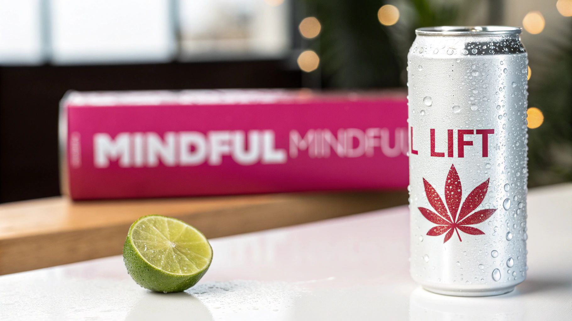 A cold can of Mindful Lift cannabis-infused beverage next to a fresh lime half, with a pink box in the background.
