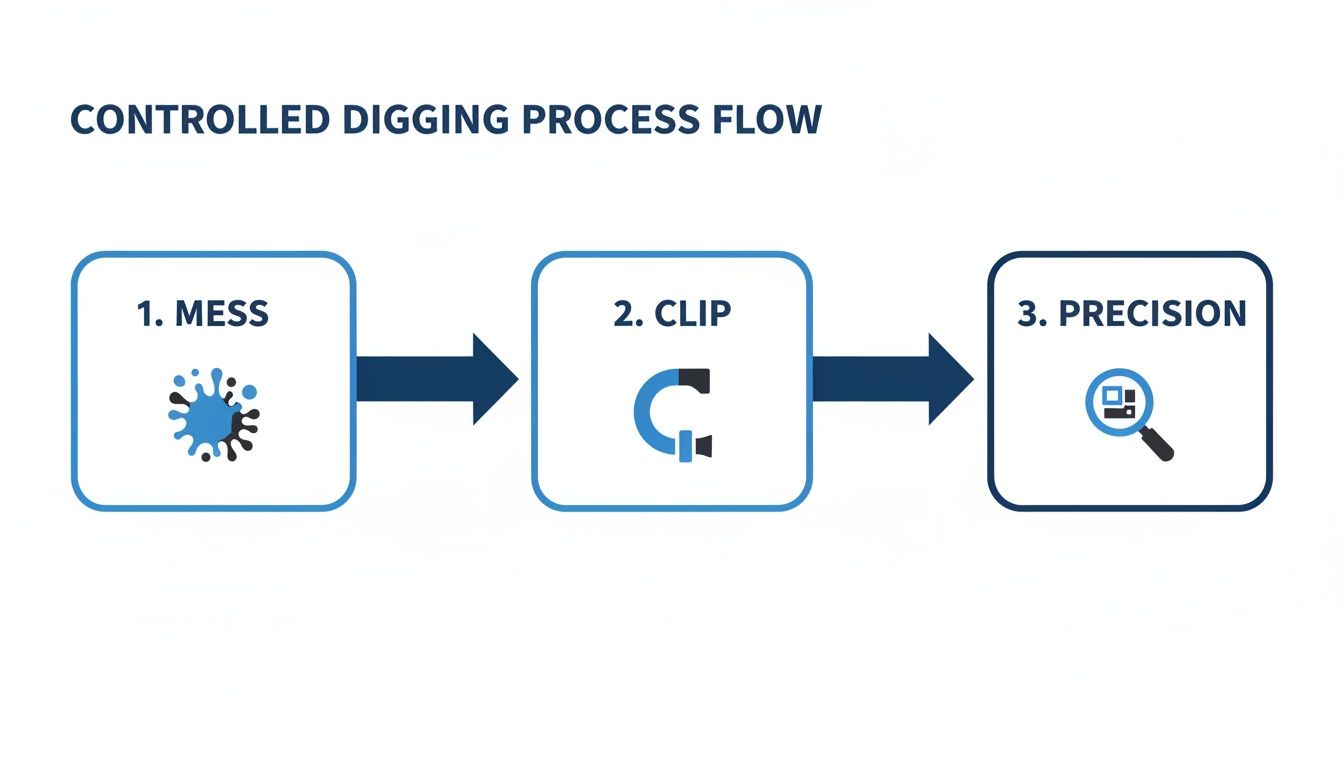 A controlled digging process flow diagram showing three steps: Mess, Clip, and Precision, with icons.
