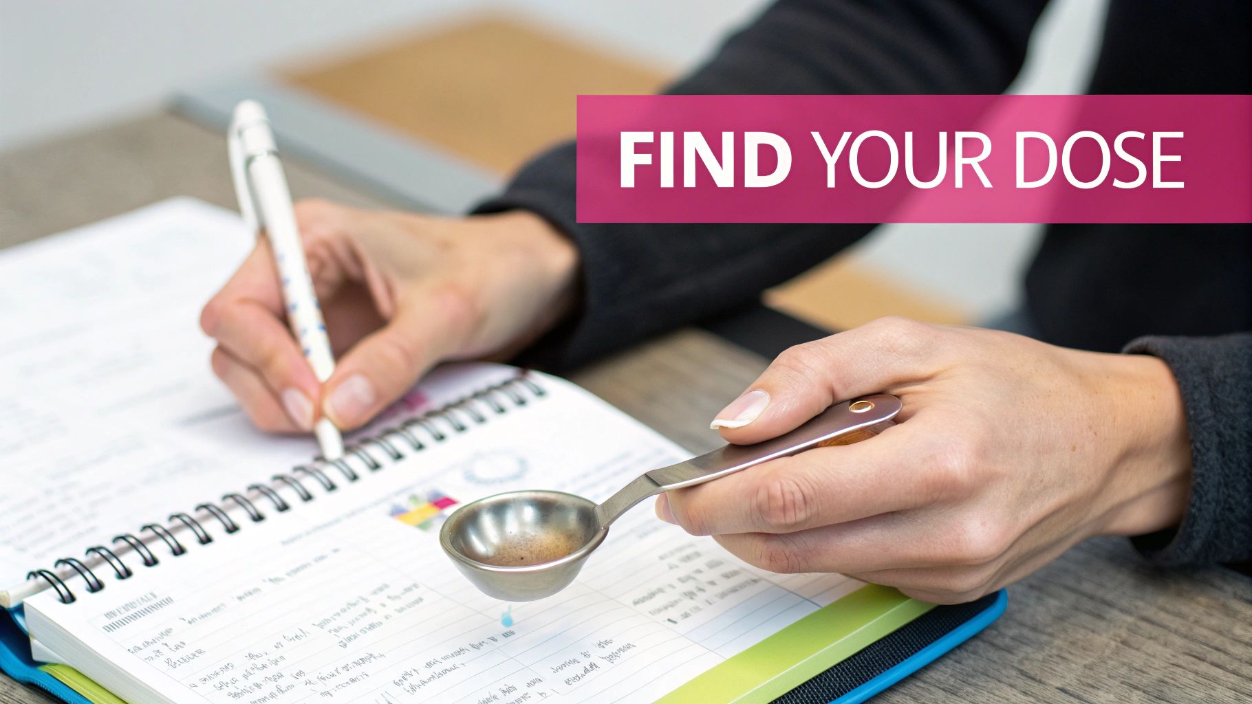 Close-up of hands writing notes in a notebook and holding a measuring spoon with a brown substance.