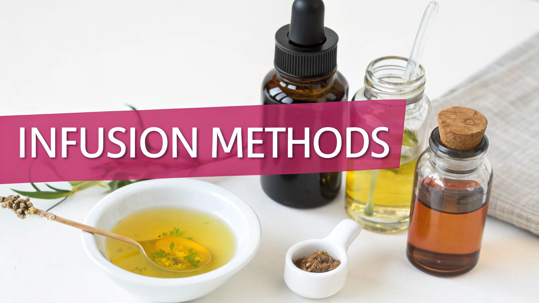 Various bottles and a bowl of liquid demonstrating infusion methods for herbal preparations or drinks.