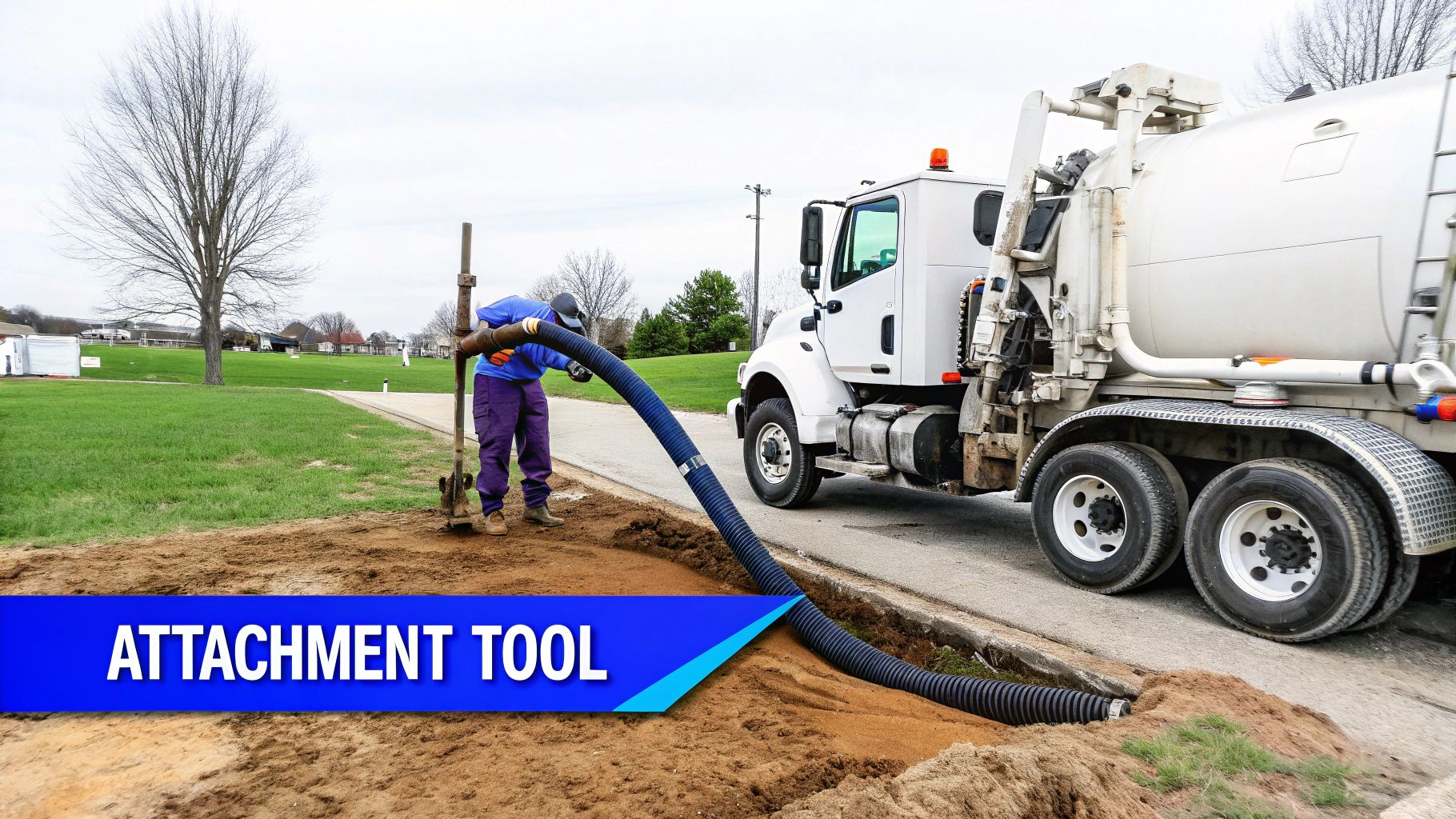 A worker operates a large hose, possibly for water jetting, in a trench next to a tanker truck.