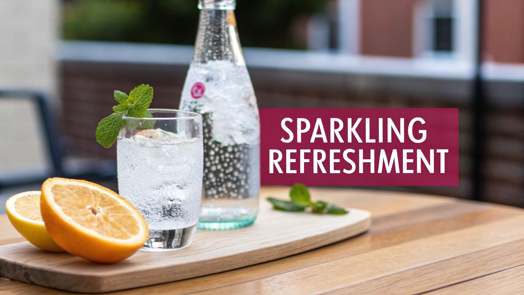 A refreshing glass of sparkling water with lemon and mint, next to a bottle on a wooden table.