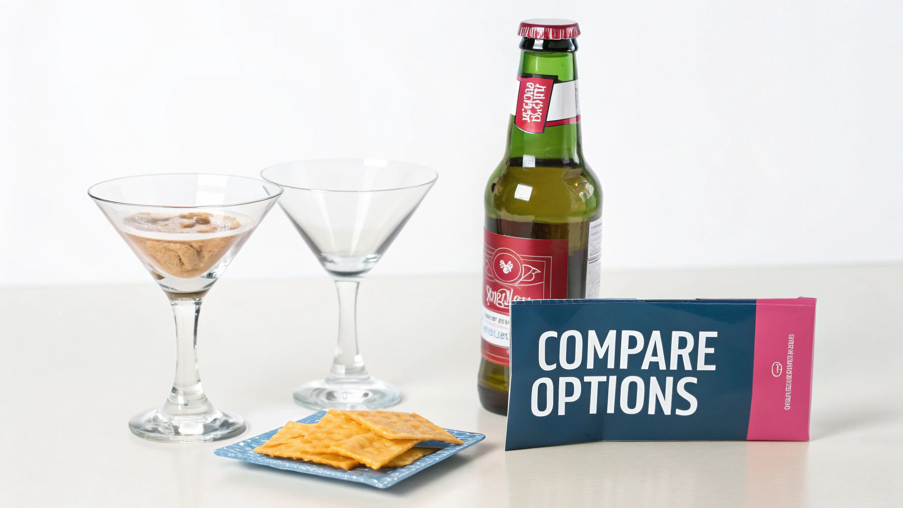 A table with two martini glasses, a beer bottle, crackers, and a 'COMPARE OPTIONS' sign.