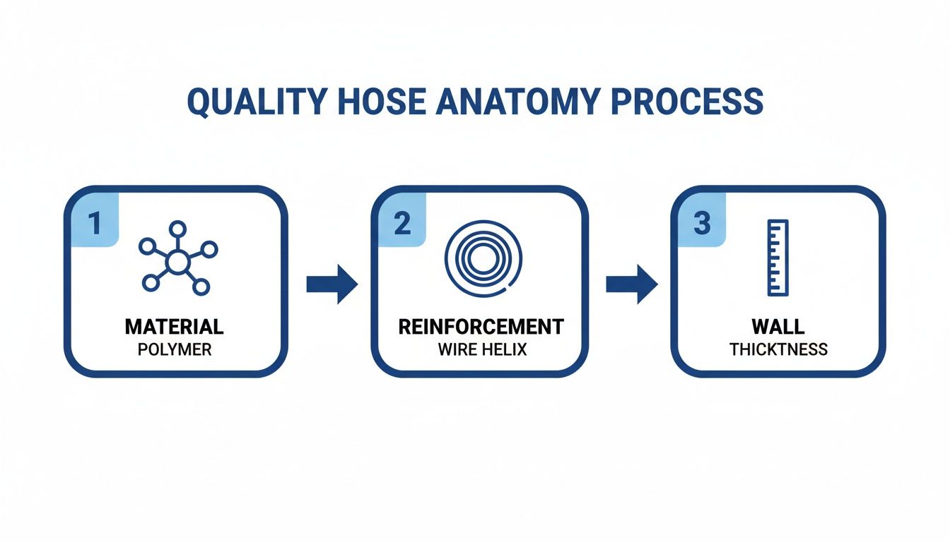 Diagram illustrating the quality hose anatomy process with steps for material, reinforcement, and wall thickness.