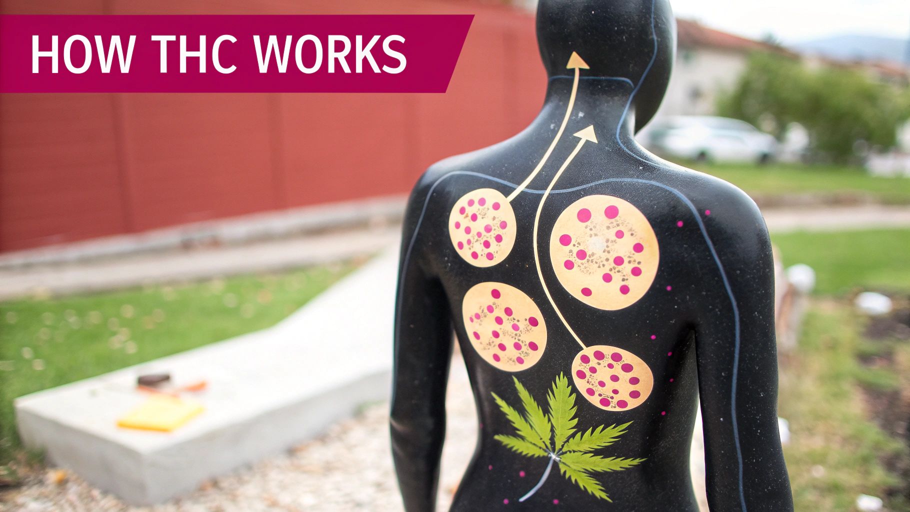 A mannequin's back illustrates how THC works, showing a cannabis leaf and upward arrows connecting to circular receptors.