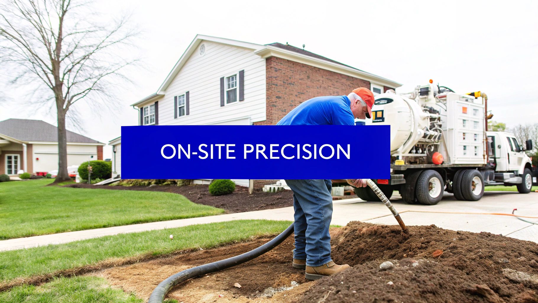 A worker uses a vacuum hose attachment to dig a trench in a residential yard near a house.