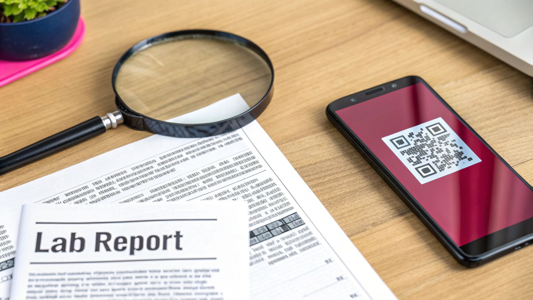 A lab report document, magnifying glass, and smartphone with a QR code on a wooden desk.