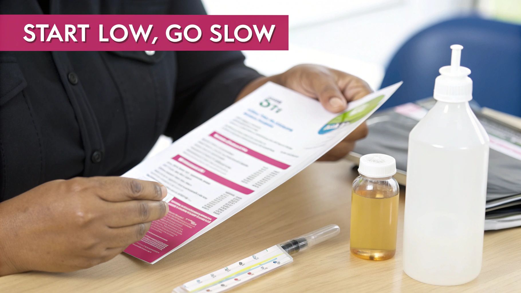 A person reads medical instructions on a document, with various liquid medications and a medical device on a table.