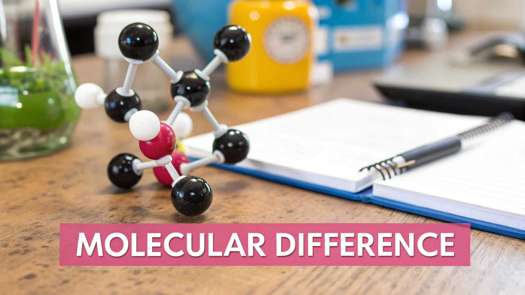A molecular model with black, white, and red spheres on a wooden desk with a notebook and pen.
