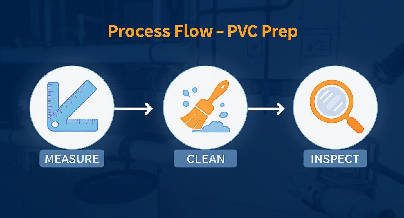 Three step PVC preparation process flow diagram showing measure, clean, and inspect stages with icons