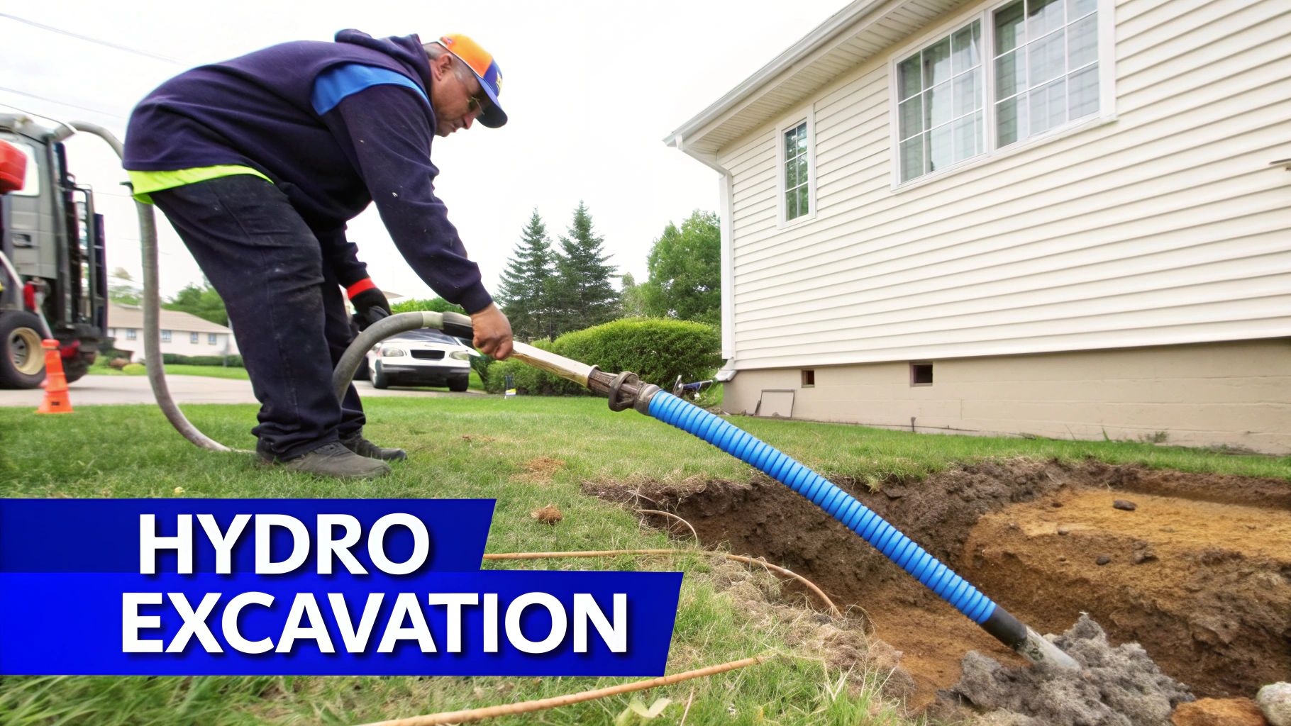 A worker performs hydro excavation, using a high-pressure water hose to dig a trench next to a house.