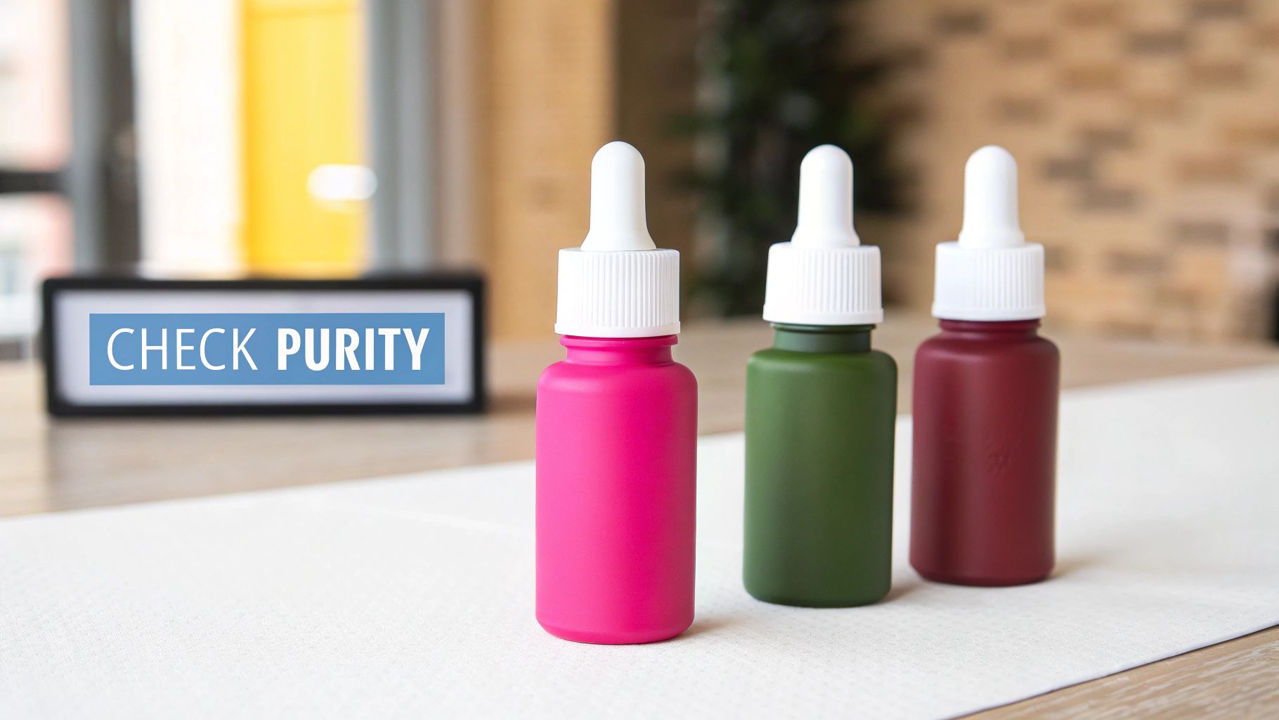 Pink, green, and red dropper bottles stand near a 'CHECK PURITY' sign, emphasizing product quality.