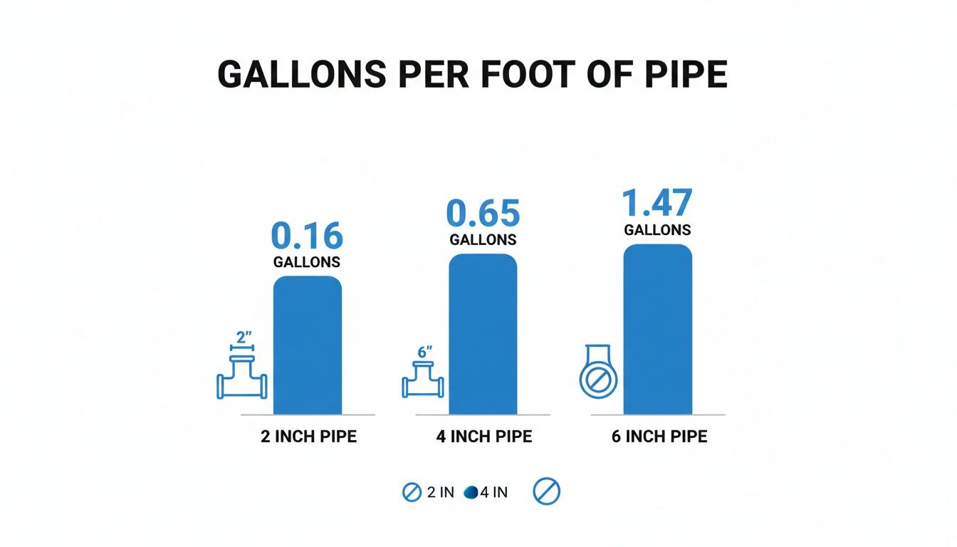 Infographic detailing the volume of water (gallons) per foot for 2, 4, and 6-inch pipes.