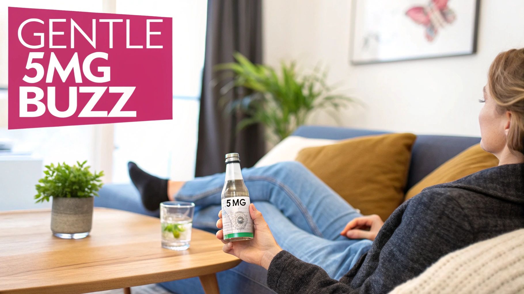 A relaxed person on a sofa holds a 5MG drink, with 'GENTLE 5MG BUZZ' text overlay.
