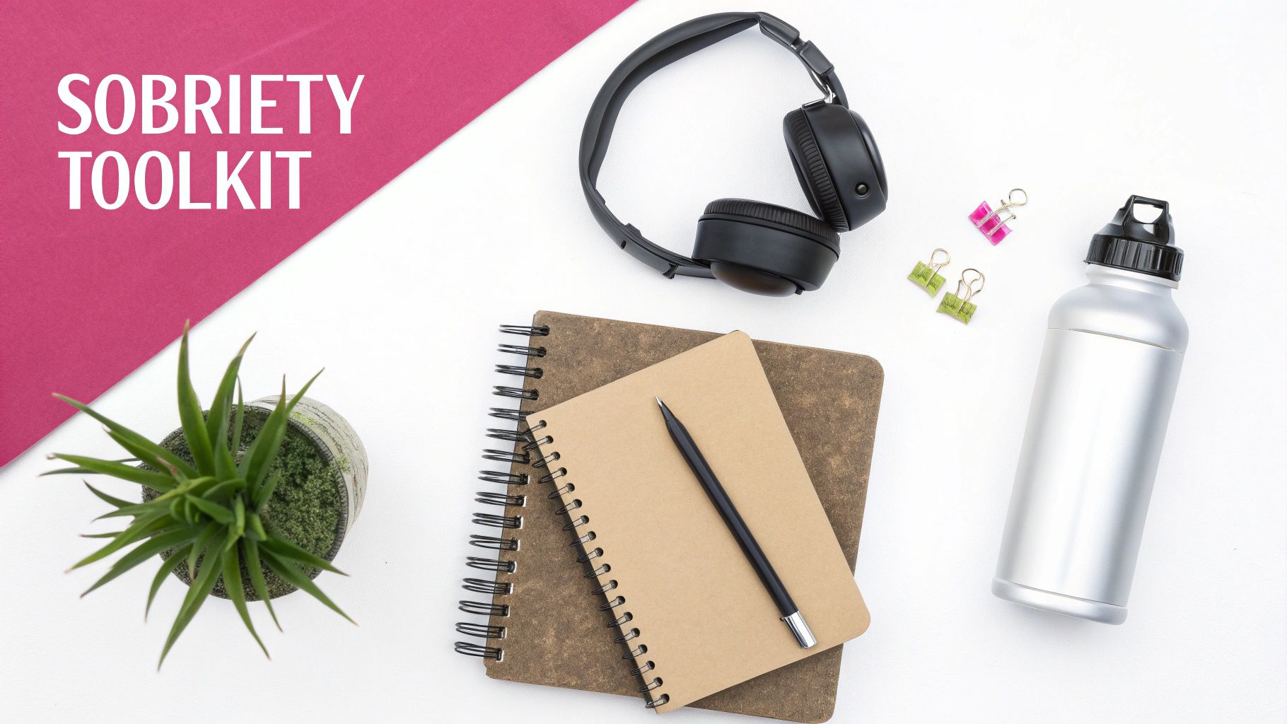 A flat lay of a 'Sobriety Toolkit' with notebooks, a pen, headphones, a plant, and a water bottle on a white and pink background.