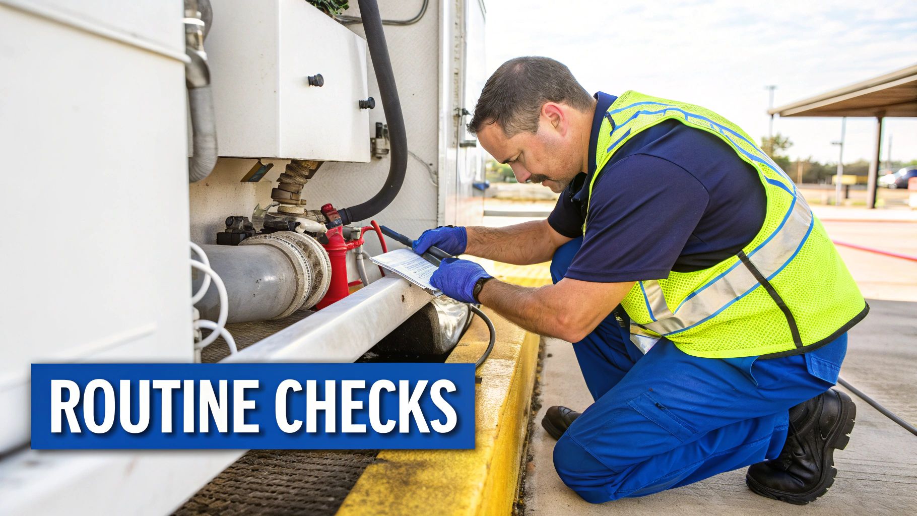 A worker in a safety vest and gloves performs routine checks on industrial equipment.