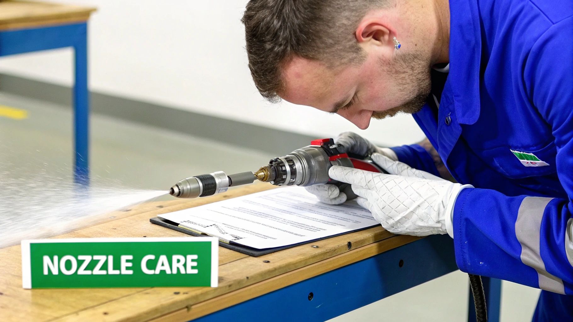 A technician in blue workwear wearing gloves tests a water jet nozzle, spraying water, with a 'NOZZLE CARE' sign.