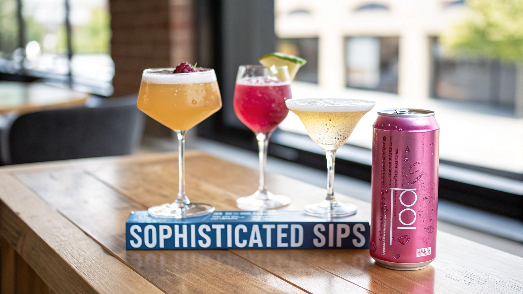 Four elegant drinks, including cocktails and a pink canned beverage, displayed on a wooden table.
