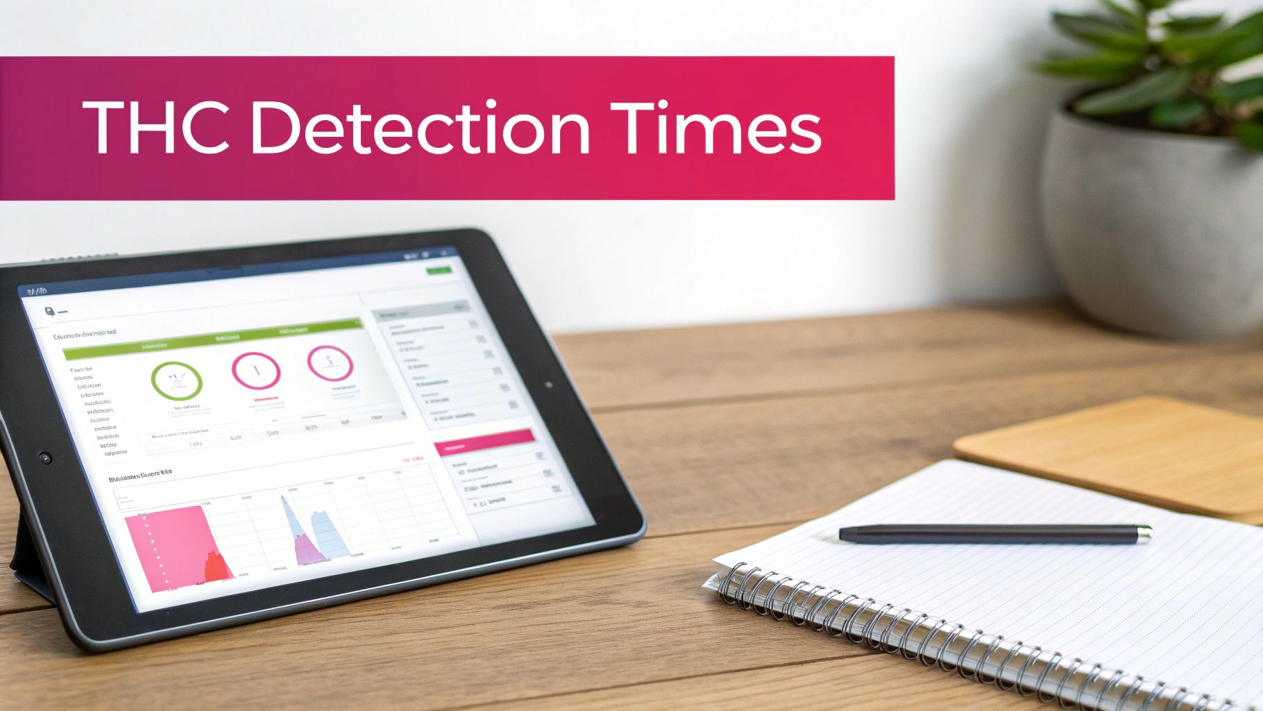 A tablet displaying charts and graphs about THC detection times on a wooden desk with a notebook.