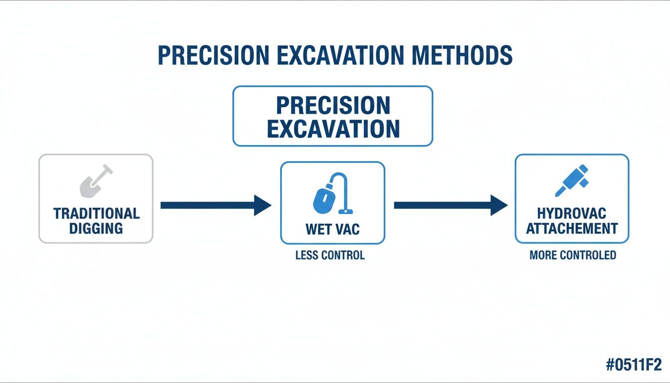 Diagram showing the progression of precision excavation methods from traditional digging to hydrovac attachment.