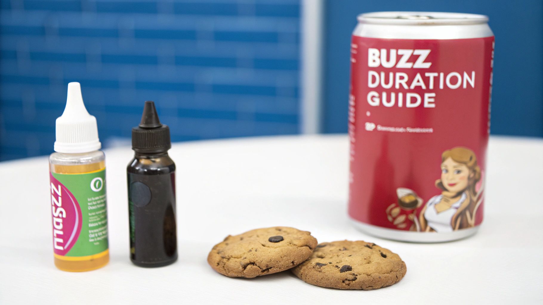 Two dropper bottles, two chocolate chip cookies, and a red 'Buzz Duration Guide' can on a white surface.
