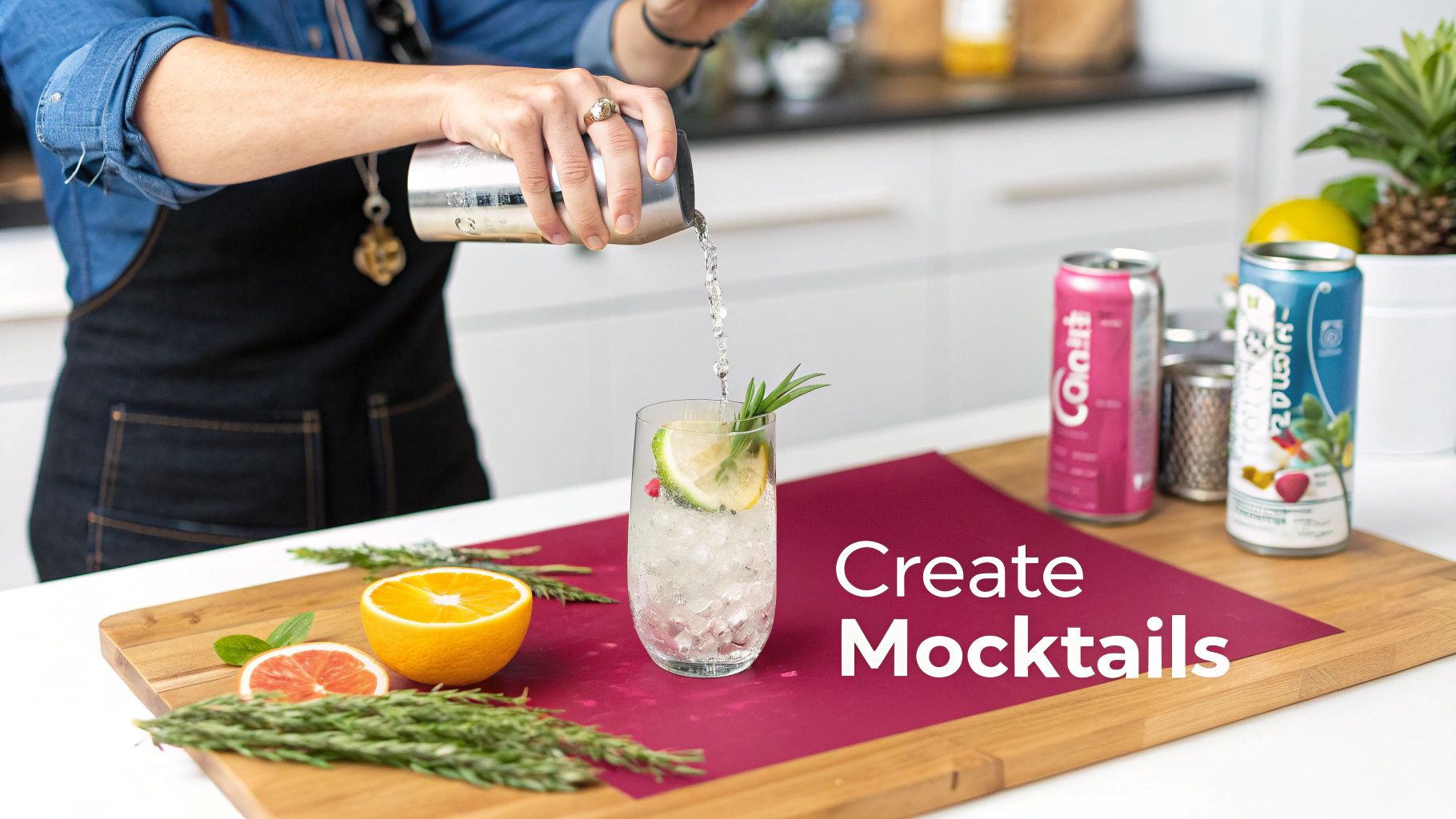 A person pours a refreshing mocktail into a glass with ice, surrounded by fresh fruit and canned mixers.