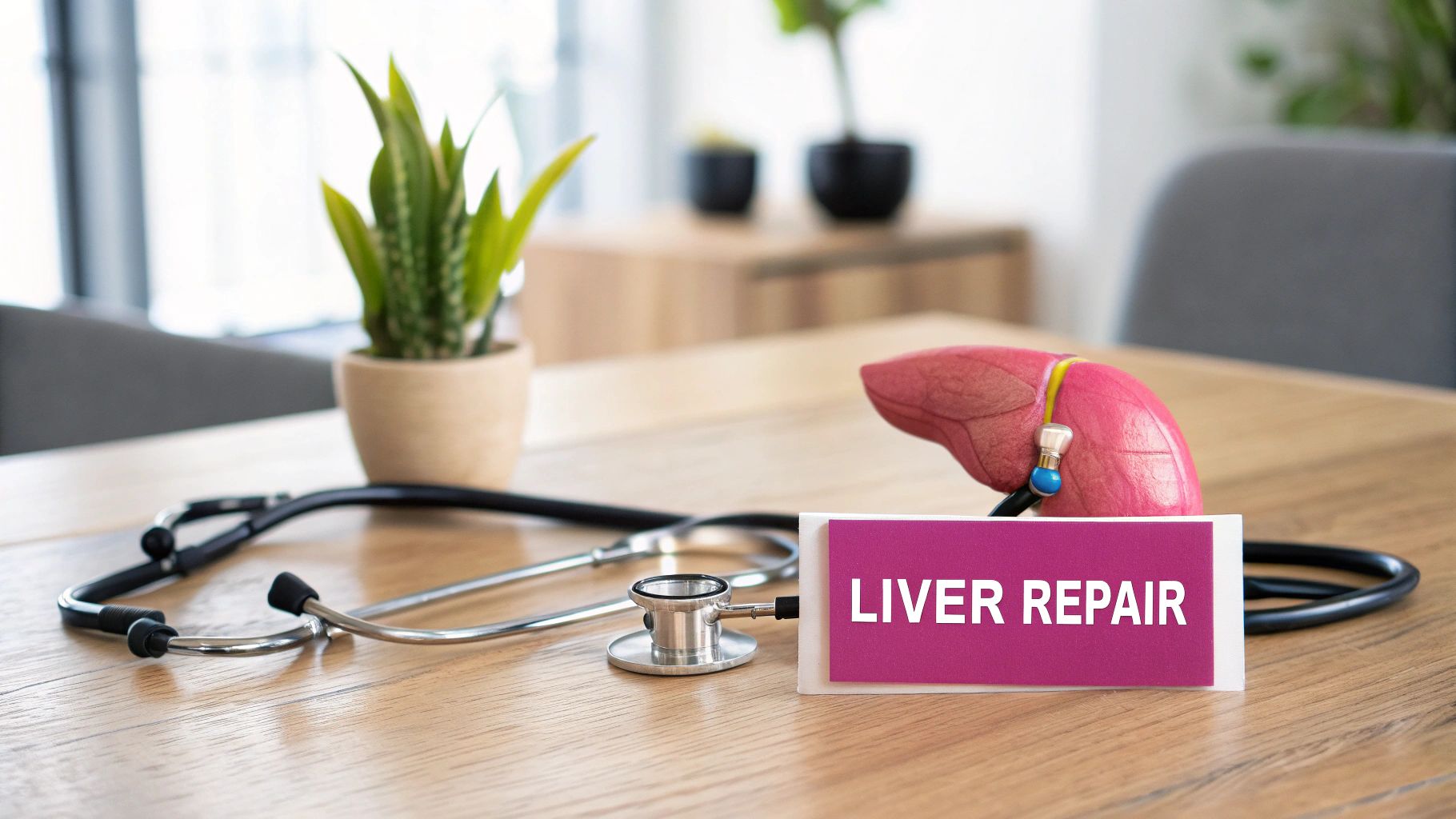 Stethoscope, anatomical liver model, and a 'LIVER REPAIR' sign on a doctor's office desk.