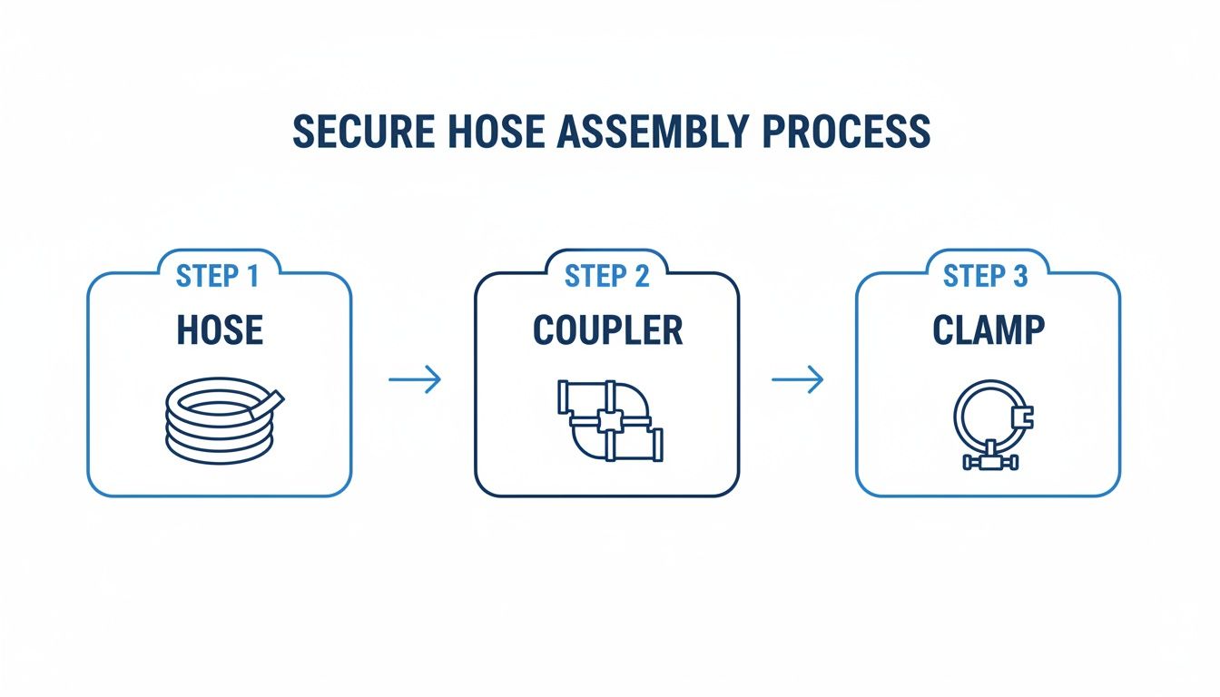 A diagram illustrating the secure hose assembly process with three steps: hose, coupler, and clamp.