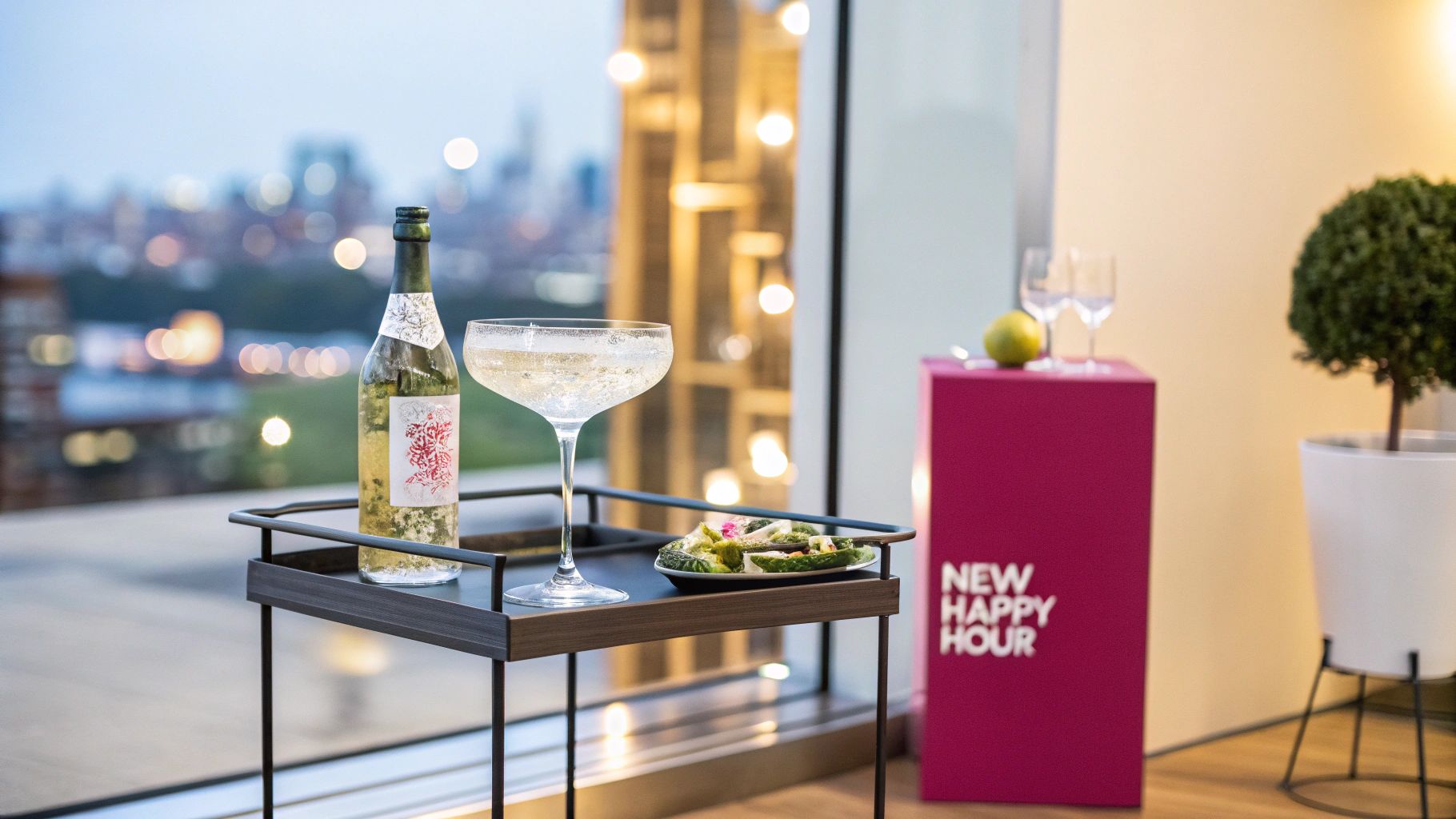 A sparkling drink in a coupe glass with a bottle, snacks, and a city view on a bar cart.