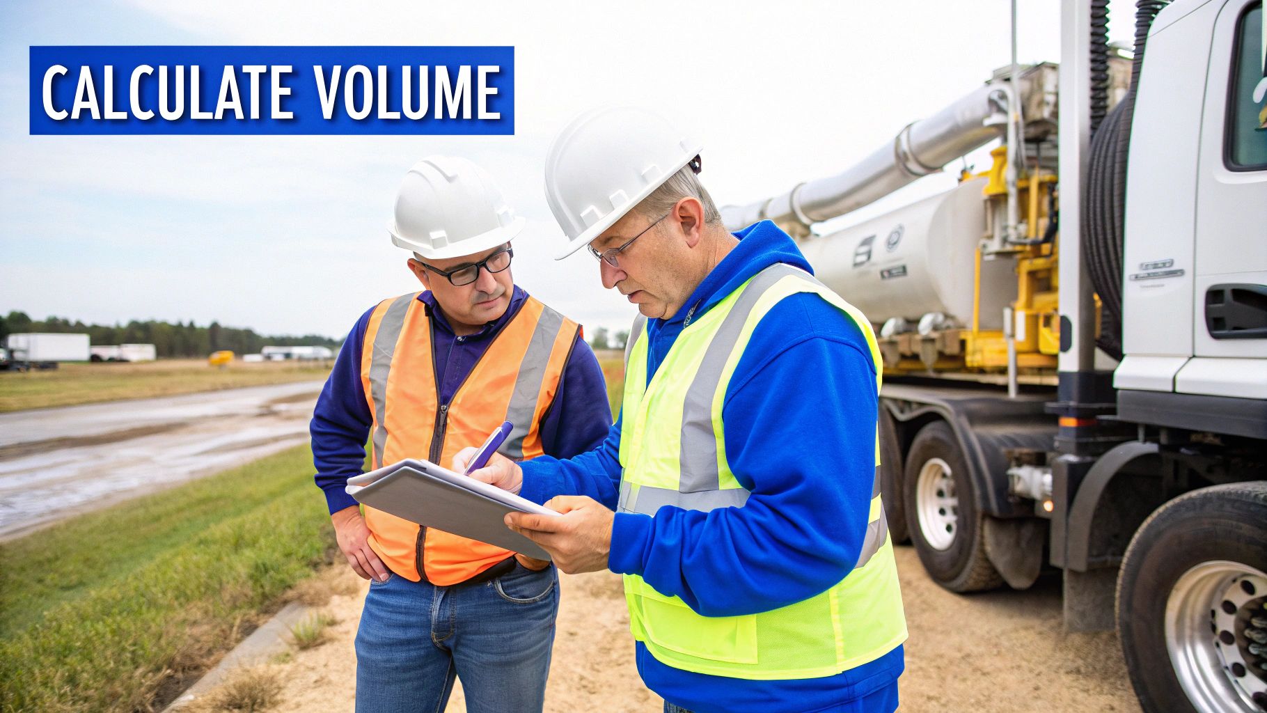 Two construction workers in hard hats and vests review measurements on a clipboard near a tank truck, with text 'CALCULATE VOLUME'.