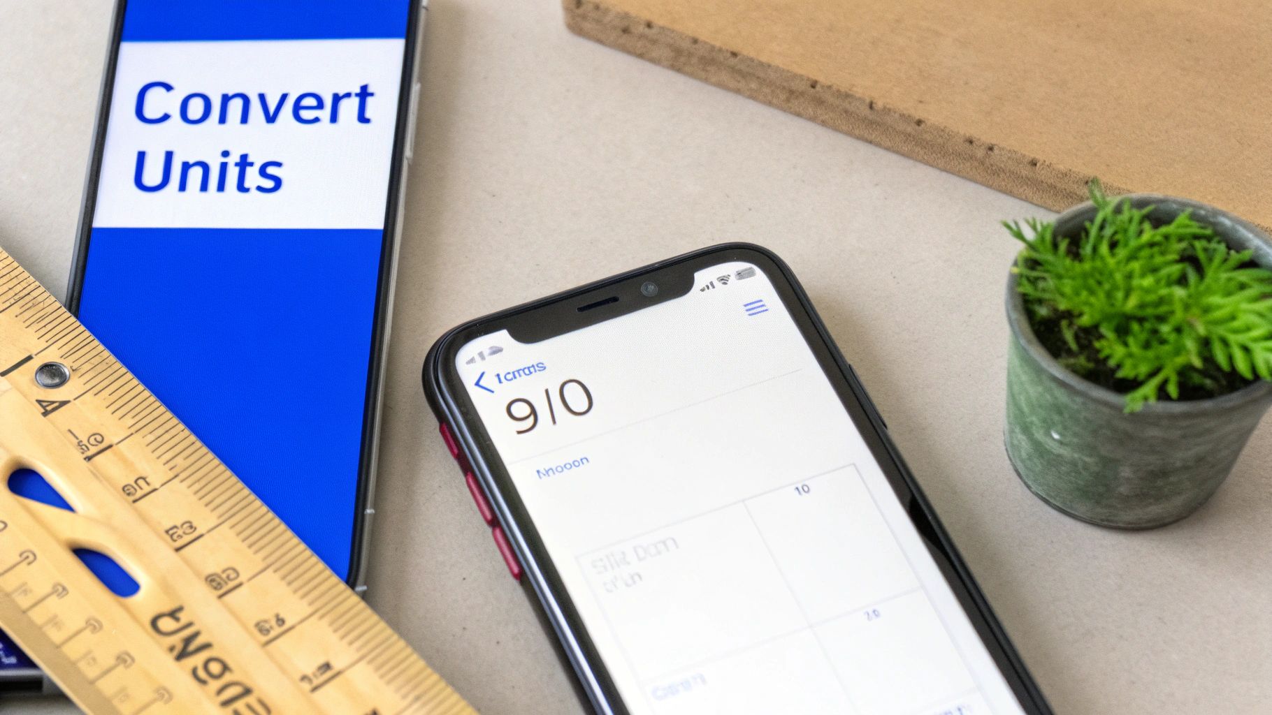 Two smartphones, a ruler, and a plant on a desk, one phone displaying 'Convert Units'.